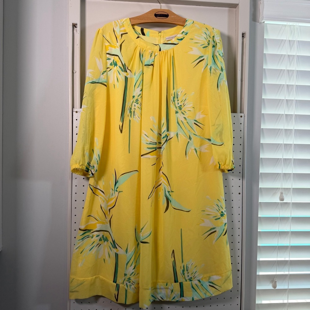 Eva Mendes A-Line Dress Womens Yellow Floral Botanical Print Flowy Boho - Large